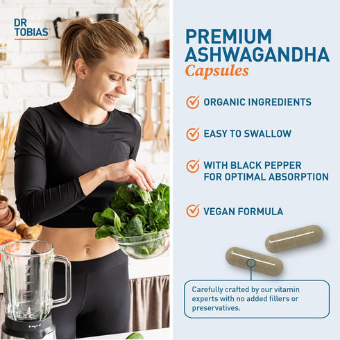 Dr. Tobias Ashwagandha Capsules, 1300mg Organic Ashwagandha Root Extract Per Serving with Black Pepper, Calming Adaptogen, Energy & Focus Suppleme...