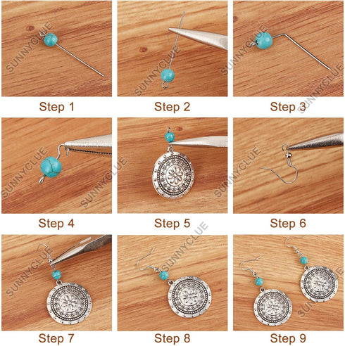 SUNNYCLUE 1 Box DIY 10 Pairs Tibetan Style Chandelier Charms Earrings Making Kit Flower Charm Flat Round Linking Charm Synthetic Turquoise Beads F...