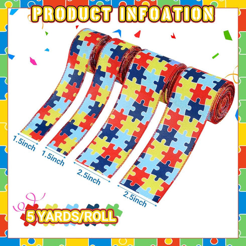 4Rolls 20Yards Autism Awareness Wired Ribbon Colorful Puzzle Fabric Ribbon for Gift Wrapping Bow Wreath Making Craft Supplies, 2.5 Inch/1.5 Inch...