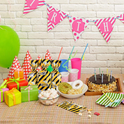 Gejoy 100 Pieces Construction Party Favor Bags Truck Themed Candy Treat Gift Construction Theme Cellophane Bags with 100 Pieces Golden Twist Ties ...