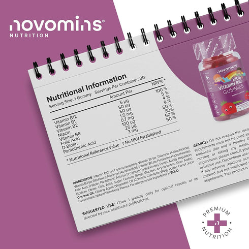 Novomins Kids Vitamin B12 Gummies - Energy & Metabolism Support Supplement - 30 Chewable Childrens B Complex Supplements – Vegan, Non-GMO - Enrich...