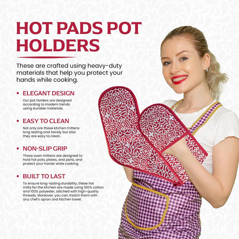 Kitchen BBQ Christmas Red Holiday Double Oven Mitts Gloves | Extra Long & Thick, Heat Resistant | Quilted Attached 1 Piece Oven Gloves | 100% Cott...