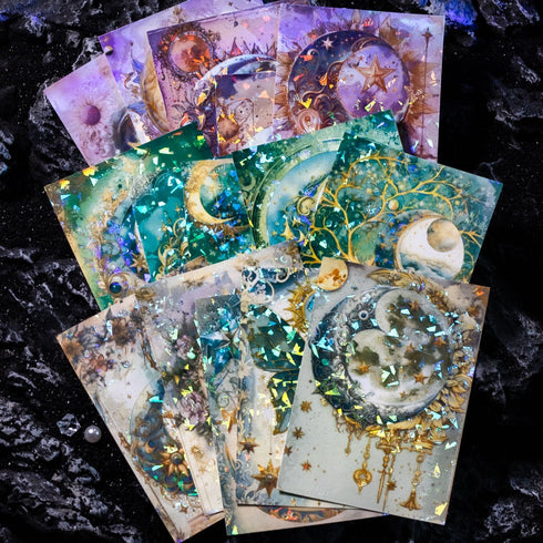 30 Sheets Holographic Fantasy Star Moon Scrapbook Paper - Self Adhesive Shiny Mysterious Starry Night Scrapbook Washi Stickers for Junk Journal Su...