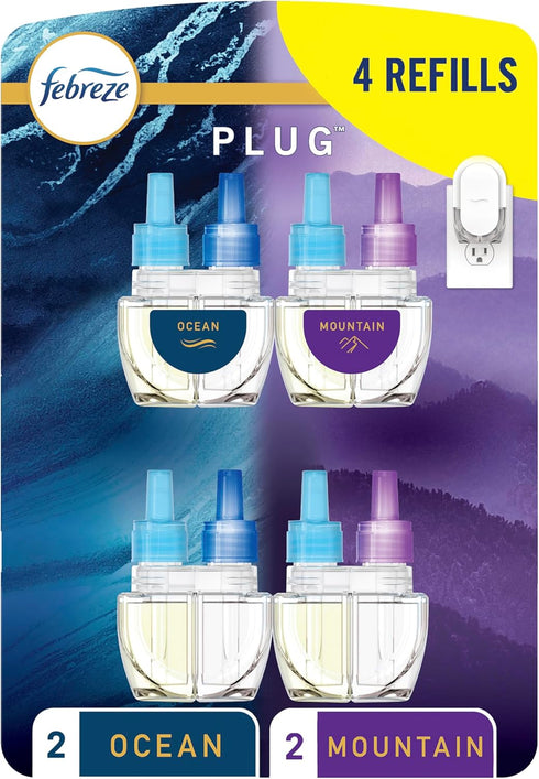 Febreze Odor-Fighting Fade Defy PLUG Air Freshener, Mountain, Ocean, 87 fl. oz. Oil Refills, 4 Refills (2 of Each)...