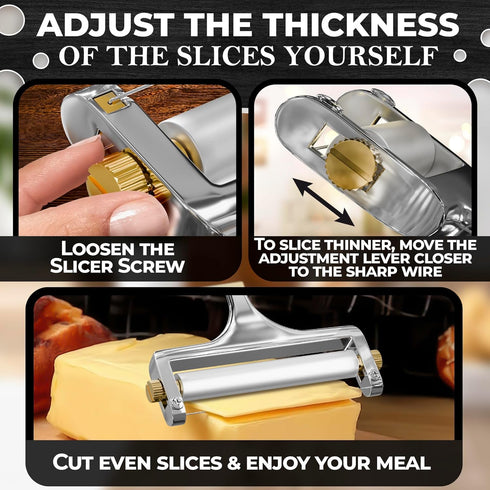 Cheese Slicer Wire - Sharp & Strong Stainless Steel Cheese Cutter Handheld with 2 Extra Wires, Slice Tickness Adjuster, Comfortable Handle & Dishw...