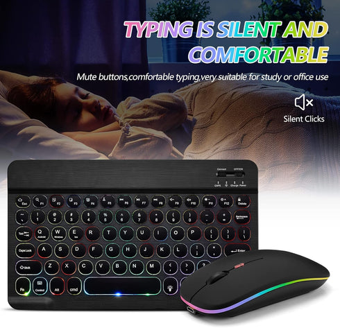 Ultra-Slim Bluetooth Keyboard and Mouse Portable Mini Wireless Keyboard Rechargeable 7-Color Backlit for Apple iPad iPhone Samsung Tablet iPhone S...