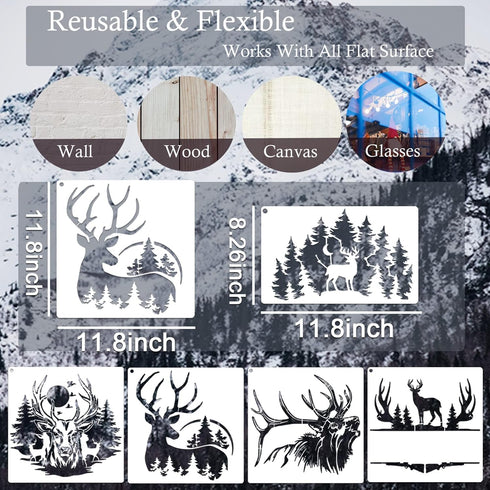 11 Pcs Deer Stencils Forest Mountain Tree Deer Head Stencils for Wood Burning Stencil Template Stencils for Painting on Wood Crafts Home Decors (D...
