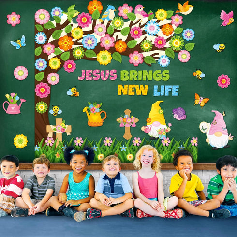 Zonon 114 Pcs Christian Spring Classroom Bulletin Board Decorations Flower Tree Bulletin Board Set Religious Spring Cutouts for Sunday School Kids...