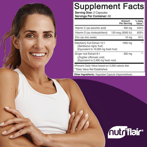 NutriFlair Sambucus Elderberry, 120 Veggie Capsules - 5 in 1 Immune Support and Antioxidant Supplement with Vitamin C, Vitamin D3 5000 IU, Zinc, G...
