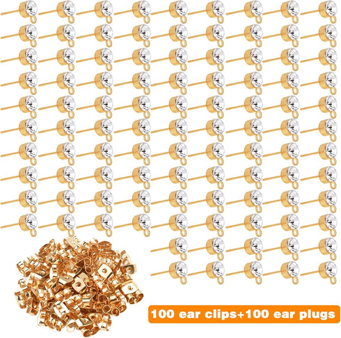 100pcs 5mm Rhinestone Earring Studs Hypoallergenic Earrings Posts with Loop and 100pcs Butterfly Earring Backs for DIY Earring Jewelry Making Supp...