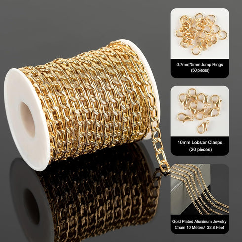 YOUBEIYEE 10 Meters Aluminum Jewelry Making Chains Bulk Delicate Embossed Curb Link Chain Gold Plated Chain on Spool with Jewelry Making Supplies...