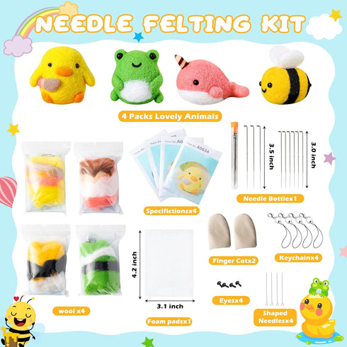 WATINC Set of 4 Cute Animal Needle Felting Starter Kit Frog Chick Bee Narwhal Animal Doll Wool Felting Tools Felt Needles Foam Mat DIY Needlework ...