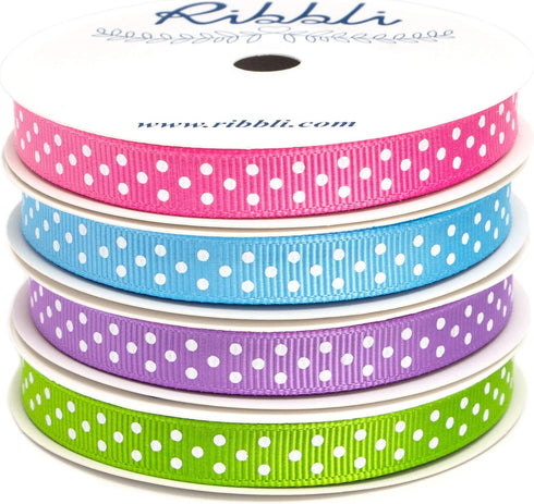 Ribbli 4 Rolls 3/8-Inch Easter Grosgrain Polka Dot Ribbon,Total 40 Yards,(Hot Pink/Blue Mist/Hyacinth/Apple Green),Easter Ribbon,Spring Ribbon Use...