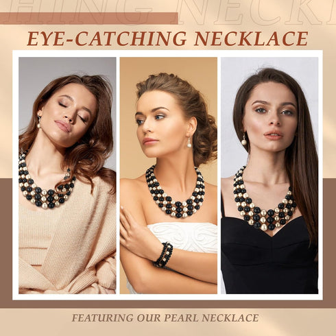 3 Pcs Women's Simulated Faux Three Multi Strand Pearl Statement Necklace Earring and Bracelet Costume Jewelry Set...