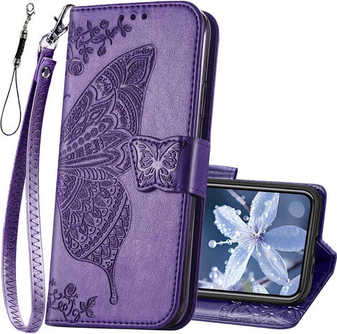 for iPhone 12 Pro/iPhone 12 Wallet Case,Women Flip Folio Cover with Butterfly Embossed PU Leather Kickstand Credit Card Holder Slots Wrist Strap f...