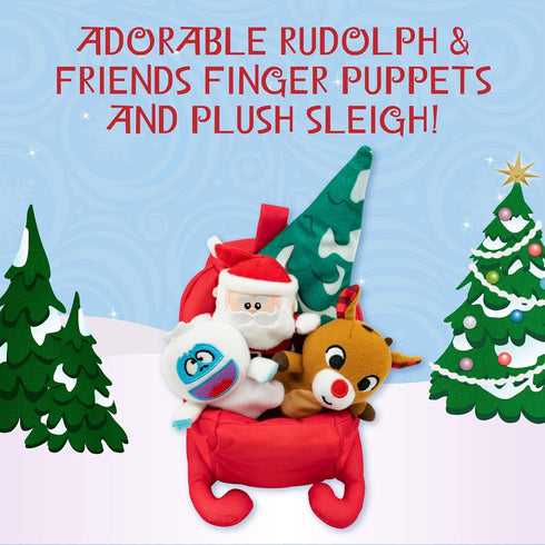 KIDS PREFERRED Christmas Rudolph The Red-Nosed Reindeer Finger Puppet Playset with Sleigh, 5 Pieces, Christmas Stuffed Animal Plush Toys, Finger H...