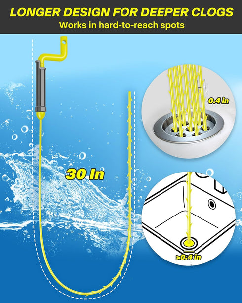 Drain Clog Remover Tool, 30 Inch Sink Snake Hair Clog Remover with Rotating Handle and 7 Wand Spares, Anti-Break Nylon Drain Hair Remover Plumbing...