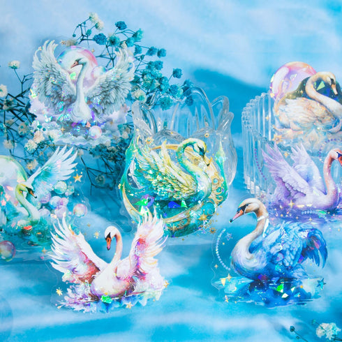 Yoksas Holographic Shiny Fantasy Starry Swan Stickers - 60Pcs Waterproof Clear Glitter Aesthetic Scrapbook Stickers for Junk Journals,Planner,Resi...