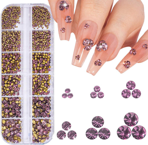 1 Box 12Grids Nail Art Sharp Bottomed Rhinestones 1660Pcs Nail Gems Light Purple Charms Gem Stones, with Storage Organizer Box/Size(1.6mm-4.6mm) f...