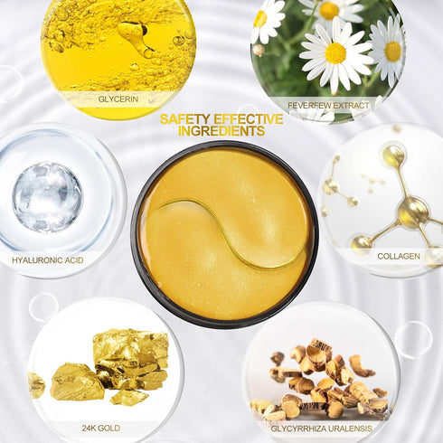 Fivewan 24k Gold Under Eye Patches - 60 Pcs Eye Mask Pure Gold Anti-Aging Collagen Hyaluronic Acid Under Eye Mask for Removing Dark Circles, Puffi...