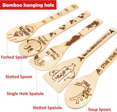 L1rabe Christmas Monster Bamboo Spoons - 5 Christmas Themed Funny Kitchen Utensils Decor for Cooking&Serving Set, Cooking Engraved Patterns are Su...