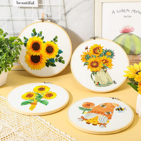 4 Set Embroidery Kit for Beginners Sunflower Adults Cross Cloth DIY Needlepoint Kit with Floral Gnome Stamped Patterns, Instructions, Embroidery H...
