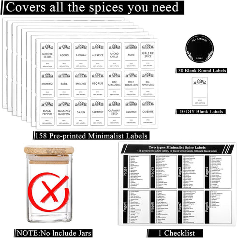 Tebery 198PCS Minimalist Spice Jars Labels and Pantry Stickers, White Printed Square Labels Fit Round or Rectangle Spice Jars Include a Reference ...