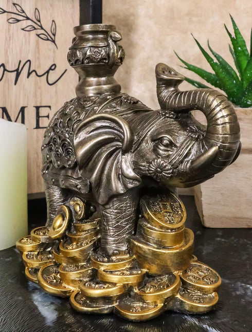 Ebros Small Feng Shui Auspicious Elephant Carrying Wealth Pot With Trunk Up Standing On Golden Coins Ingots And Nuggets Statue 4.25"Long Home Deco...