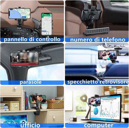 Car Phone Holder, Multifunction Car Dashboard Holder Rearview Mirror with 360 ° Adjustable Spring Clip, Suitable for 3 to 7 Inch Smartphones (Cent...