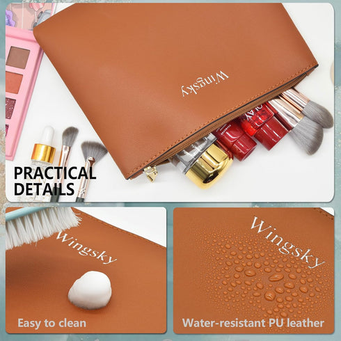 3 Pack Makeup Bag for Purse, Vegan Leather, Travel Makeup Pouch Cosmetic Bag Zipper Pouch Bags,Travel Toiletry Bags for Women (Camel Brown, 12.6x9...
