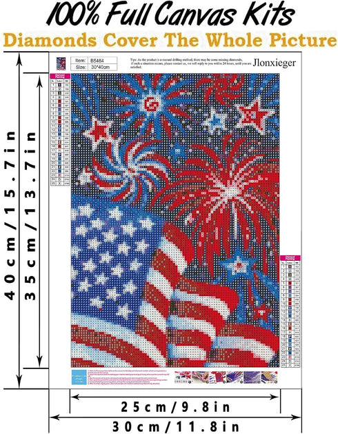 DIY 4 Th of July Diamond Painting Kits For Adults Patriotic,Diamond Art by Number Kit Celebrate American Flag Crystal Embroidery Beginner Arts Ful...