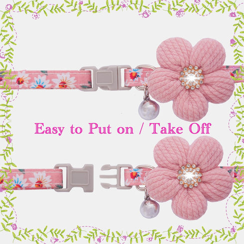 Small Dog Collar with Flower, Puppy Collar for Girl Dog Collars for Small Dogs Cute Dog Collar with Bell, Adjustable Length (Pink)...