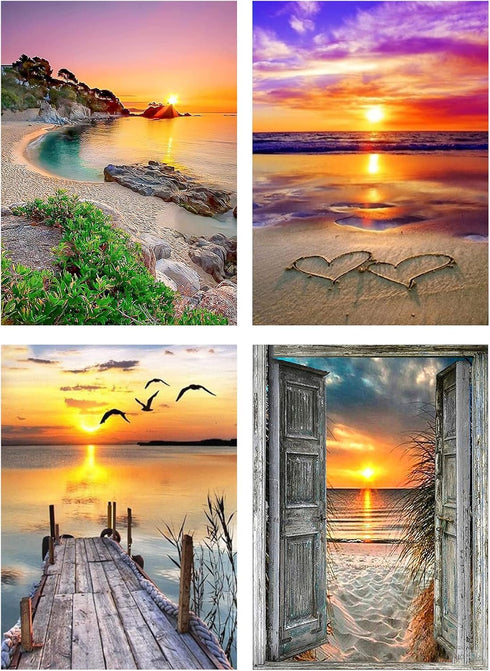 CHWGLFGG 4 Pack Diamond Painting Kits for Adults Beginners,DIY 5D Beach Landscape Diamond Art Kits,Round Full Drill Seaside Sunset Scenery Gem Art...