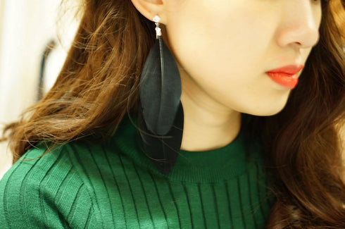 Handmade Black feather earrings for women Natural Goose native super Light Antique earrings (Black)...