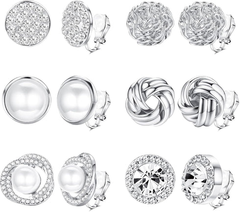 HAIAISO 6 Pairs Clip On Earrings Cubic Zirconia Pearl Knot Twist Clip On Earrings Non Pierced for Women Clip Earrings Set...
