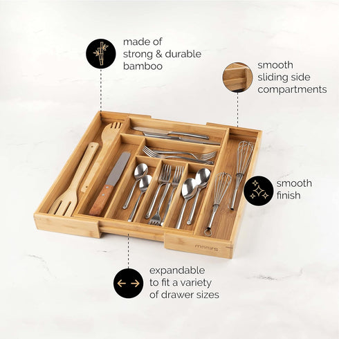 Masirs Expandable Bamboo Kitchen Drawer Organizer - Adjusts to Fit Drawer Size, Ideal for Silverware, Utensils, and Office Supplies, Durable Bambo...