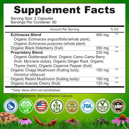 Echinacea Goldenseal Capsules - 10 in 1 Immune Support Supplement - 1455mg - Vegan Echinacea Capsules Supplement Made With Organic Whole Foods - H...