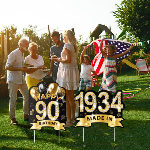 2Pcs 90th Birthday Yard Sign Decorations with Stakes, Large Size 16'' Black Gold Happy 90th Birthday Made in 1934 Waterproof Outdoor Lawn Signs De...