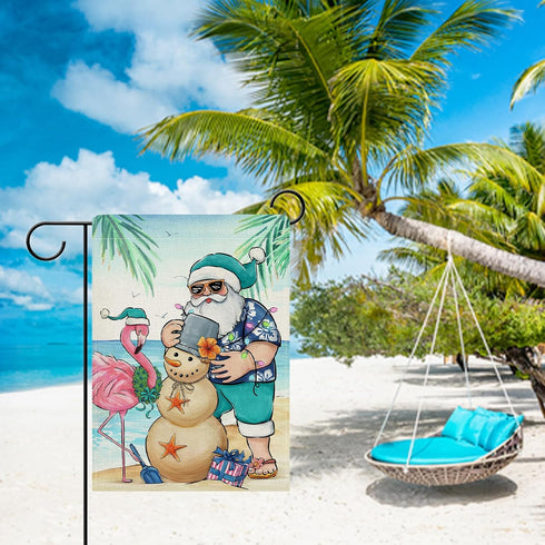 Santa Claus Decorative Garden Flag, Christmas Snowman Flamingo Beach Coastal Yard Outside Home Decoration, July Hawaii Nautical Xmas Summer Holida...