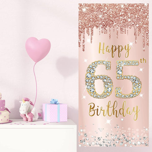 65th Birthday Decorations Door Banner for Women, Pink Rose Gold Happy 65 Birthday Backdrop Party Supplies, 65 Year Old Birthday Poster Door Cover ...