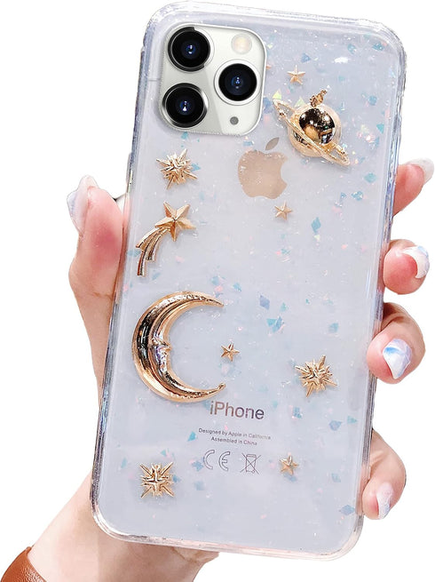 Bonitec for Apple iPhone 11 Pro Max Case 3D Bling Planet Glitter with Space Sparkle Moon Star Universe Flexible Soft TPU Transparent Clear Shockpr...