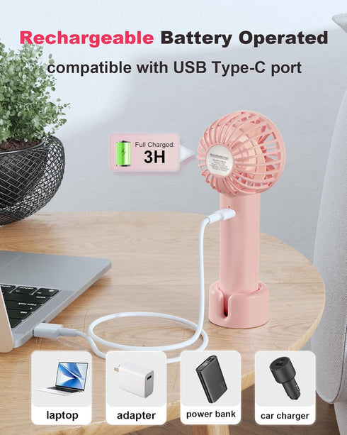 Handheld Fan Mini Portable Fan USB Rechargeable Battery Fan 3 Speeds Powerful Personal Fan Cute Small Cooling Fan with Base Lanyard for Eyelash Ma...