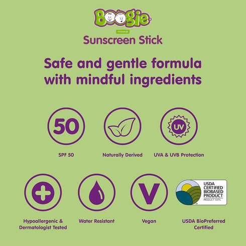 Baby Sunscreen Stick by Boogie Block, Mineral Sunscreen SPF 50, FSA/HSA Eligible, Travel Size Sunblock for Kids, Zinc Oxide, Water Resistant, Vega...