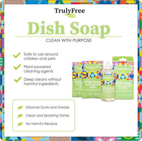 Non-Toxic Natural Liquid Dish Soap | Long-Lasting, Sweet Basil Fresh Scent | Includes: 1 Empty Refill Squeeze Bottle (16oz), 2 Refill Packs...