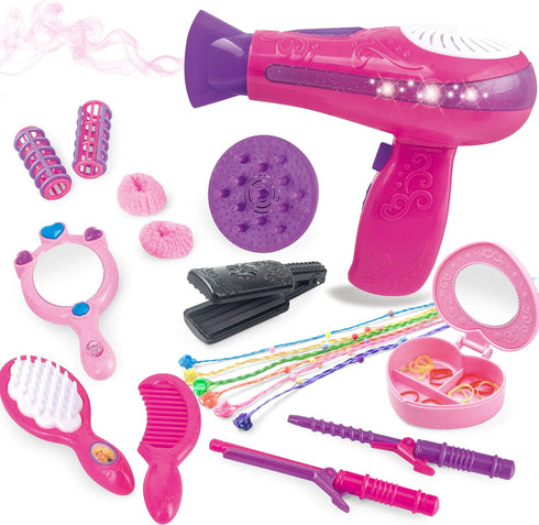 Little Girls Beauty Hair Salon Toy Kit with Toy Hairdryer, Mirror & Other Accessories, Fashion Pretend Makeup Set for Kids...