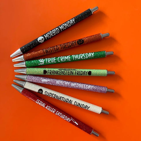 Jxueych 7Pcs Halloween Weekday Pens Glitter Pen with Funny Sayings Vibrant Passive Fancy Ballpoint Pens Cute Gifts for Colleagues Office Supplies ...