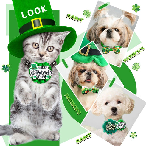 24pcs St.Patrick's Day Dog Bow Ties, Adjustable Green Pet Small Dog Collar Attachment Grooming Bowties, Lucky Clover Dog Bow Ties for Holiday Fest...