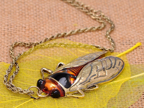 Alilang Big Antique Golden Tone Orange Amber Vintage Insect Cicada Beetle Bug Chain Pendant Necklace...