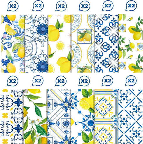 24 Sheets Lemon Scrapbook Paper Pad Double-Sided Blue Tiles Yellow Lemon Patterned Decorative Craft Paper for Card Making Photo Album Journal DIY ...