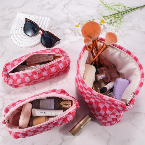 3Pcs Checkered Makeup Bag for Women Large Cosmetic Bag Set Travel Toiletry Bag Makeup Pouch Bag for Purse Pink Zipper Storage Bag Organizer Cute S...